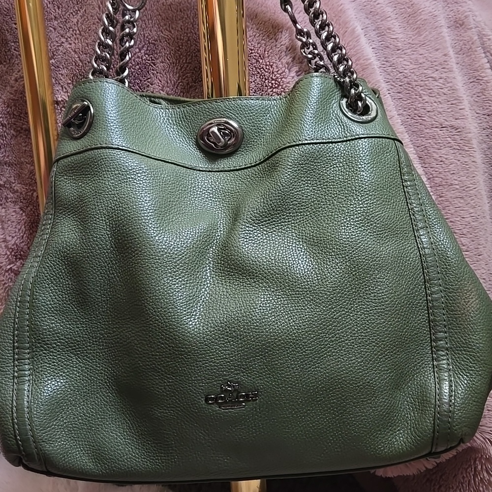 Coach Green Turnlock Edie Pebbled Leather Shoulder Bag with Chain Straps